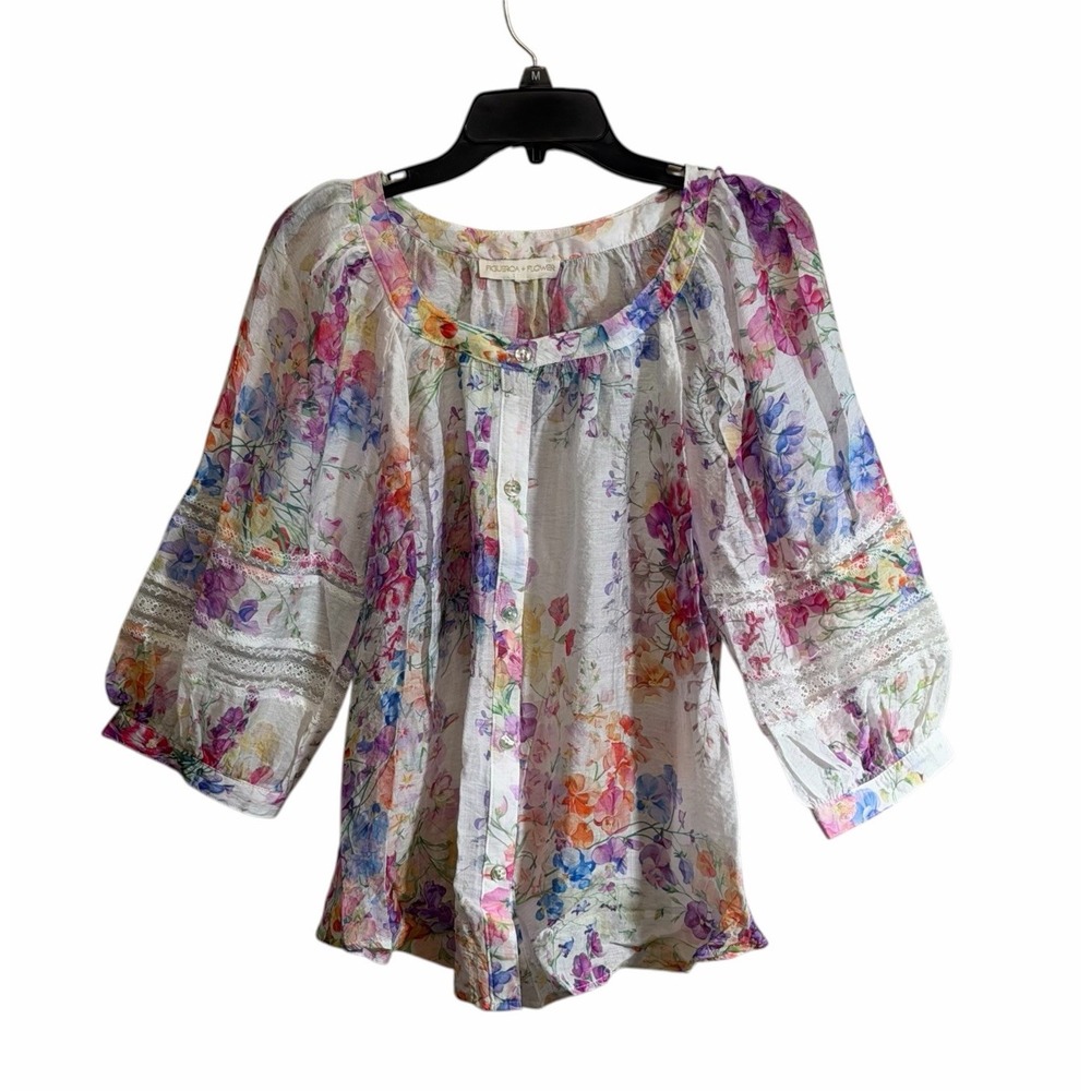 Figueroa & Flower Floral Boho Peasant Blouse Top Puff Sleeve Lace Sheer Flowy XL